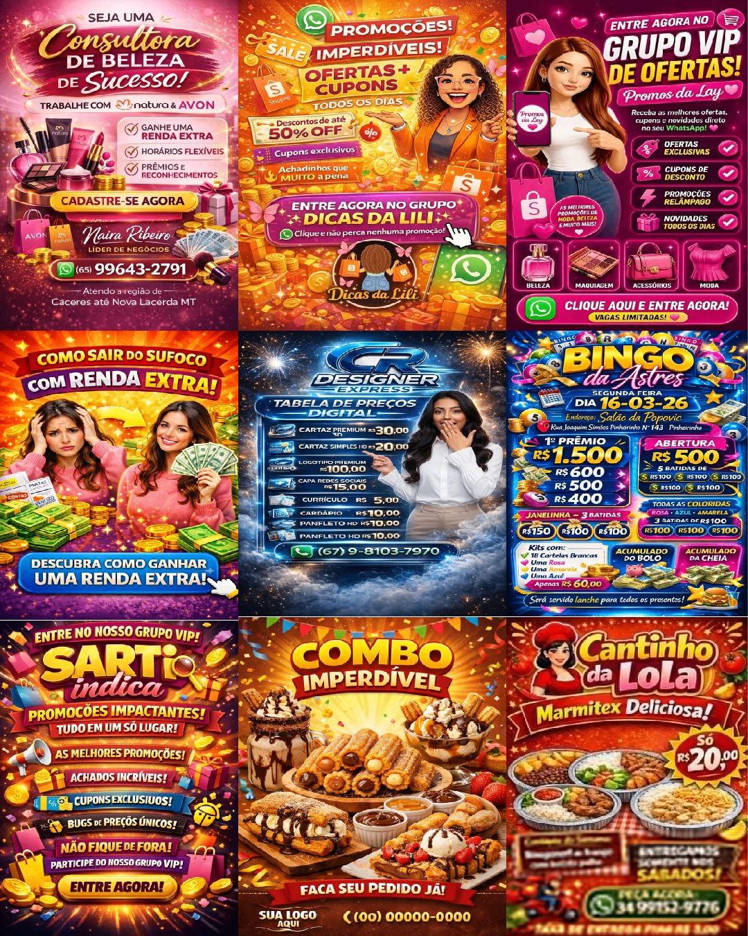 Grilla de flyers generados con IA: todos usan la misma estética saturada, tipografía inflada y composición idéntica